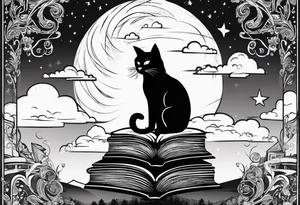 Four books stacked whimsically with the top book open with a black cat and and Tree coming out with a little start in the sky tattoo idea