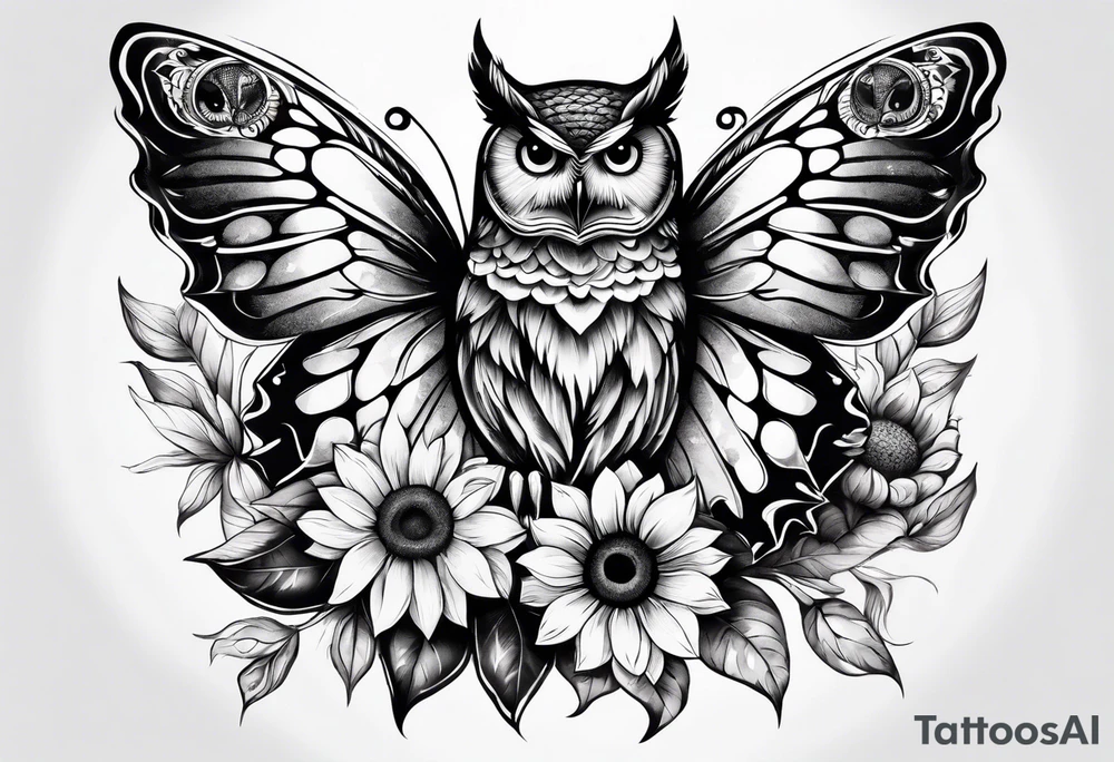 Owl, butterfly and sunflower are sleeve tattoo idea