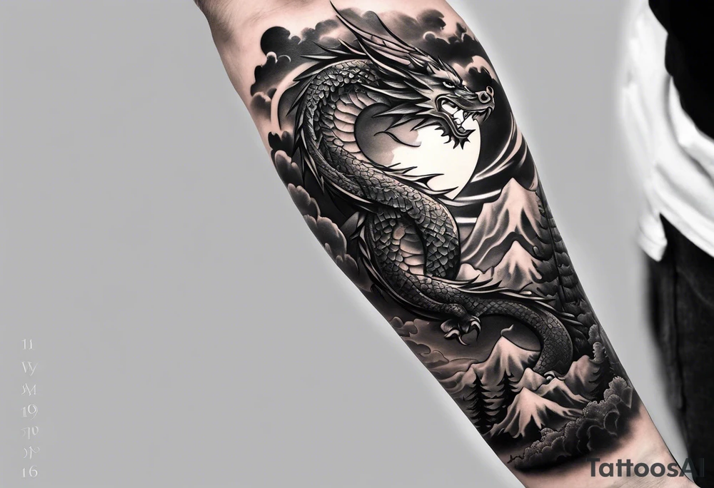 Half sleeve forearm tattoo. Representing the hero’s journey. Haku the dragon, a tree, clouds, a broken sword, the sun and moon tattoo idea