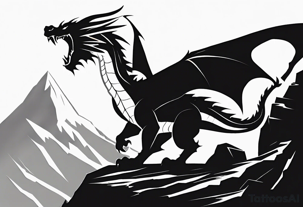 A black-and-white silhouette of a legendary, fearsome dragon with sharp, angular scales and a wide open mouth, breathing intense fire. The dragon is perched on a rocky outcrop, its form outlined in bold black, with the fire coming from its mouth represented by jagged, sharp lines, creating a dynamic contrast against the white background. The rocky outcrop is depicted with angular, abstract shapes, all in solid black. The sky is dark and cloudy, with swirling shapes and clouds outlined in bold black against the white backdrop, adding a sense of foreboding and power. The entire image focuses on strong contrasts, with no shading or gradients, capturing the fearsome energy of the dragon. tattoo idea