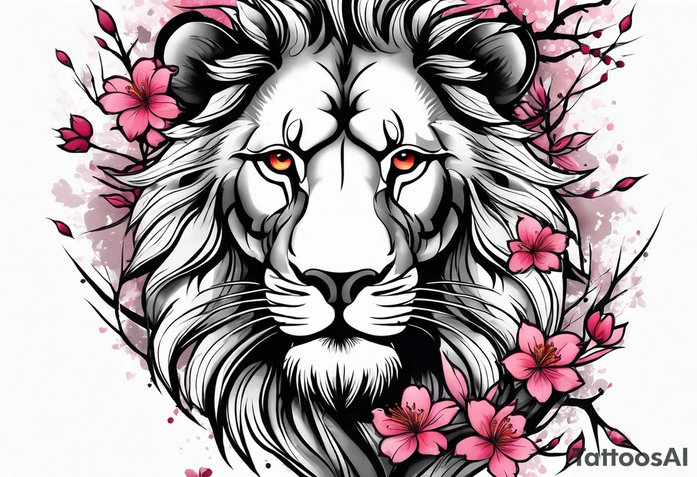 Cherry blossom blowing in the wind with a lion tattoo idea