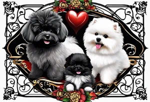 A white Bichon frise with a black pomeranian and a black poodle with the words “MFer For Life” tattoo idea