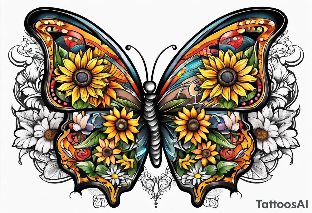 Half butterfly half sunflower tattoo idea