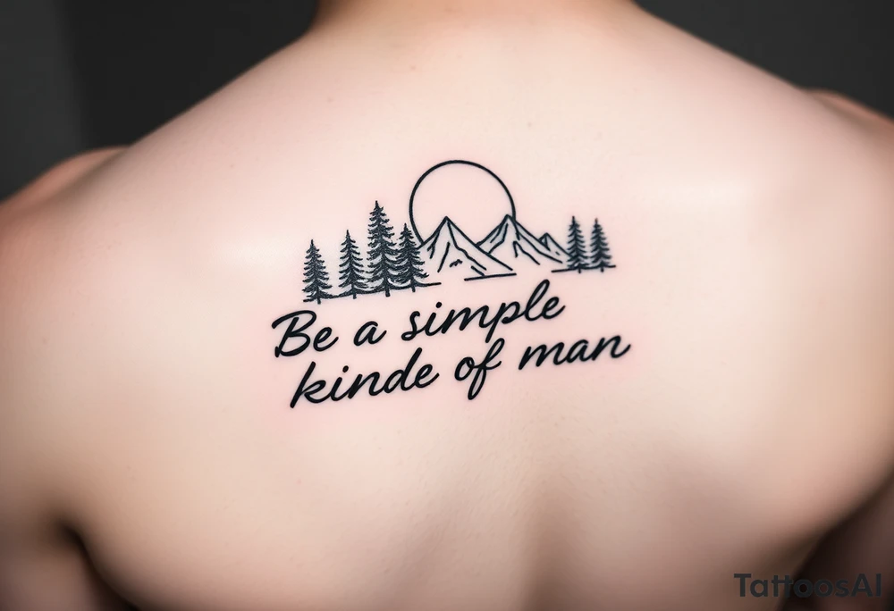 A minimalist tattoo with the words ‘Be a Simple Kind of Man’ in handwritten script, framed by pine trees, mountains, and a rising sun. Evokes peaceful strength and humility. Fine line blackwork for the forearm. tattoo idea