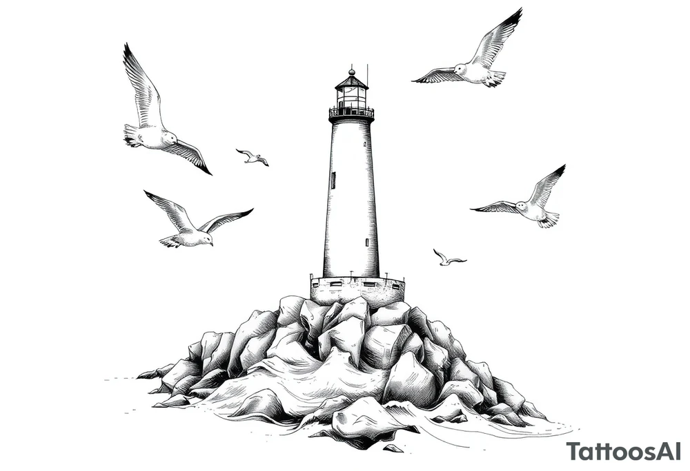 Lighthouse in the sea around flying seagulls tattoo idea