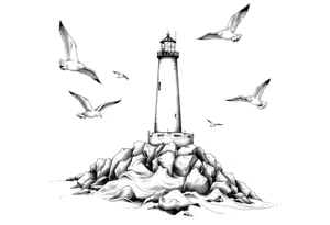 Lighthouse in the sea around flying seagulls tattoo idea