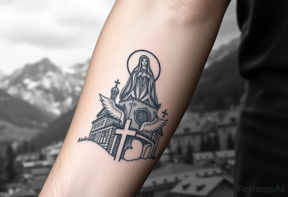 Russian Orthodox church with orthodox spire crosses in a mountainous village setting, with a holy glow around the church, and a virgin mary sat seperately above looking over hands on heart sat above tattoo idea