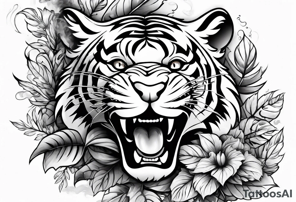 Fierce tigger growling with leaves and smoke around the image tattoo idea