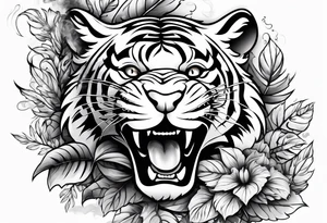 Fierce tigger growling with leaves and smoke around the image tattoo idea