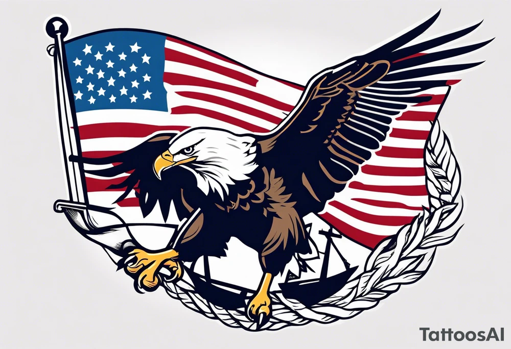 American eagle flying while holding American flag in beak and holding anchor in talons tattoo idea