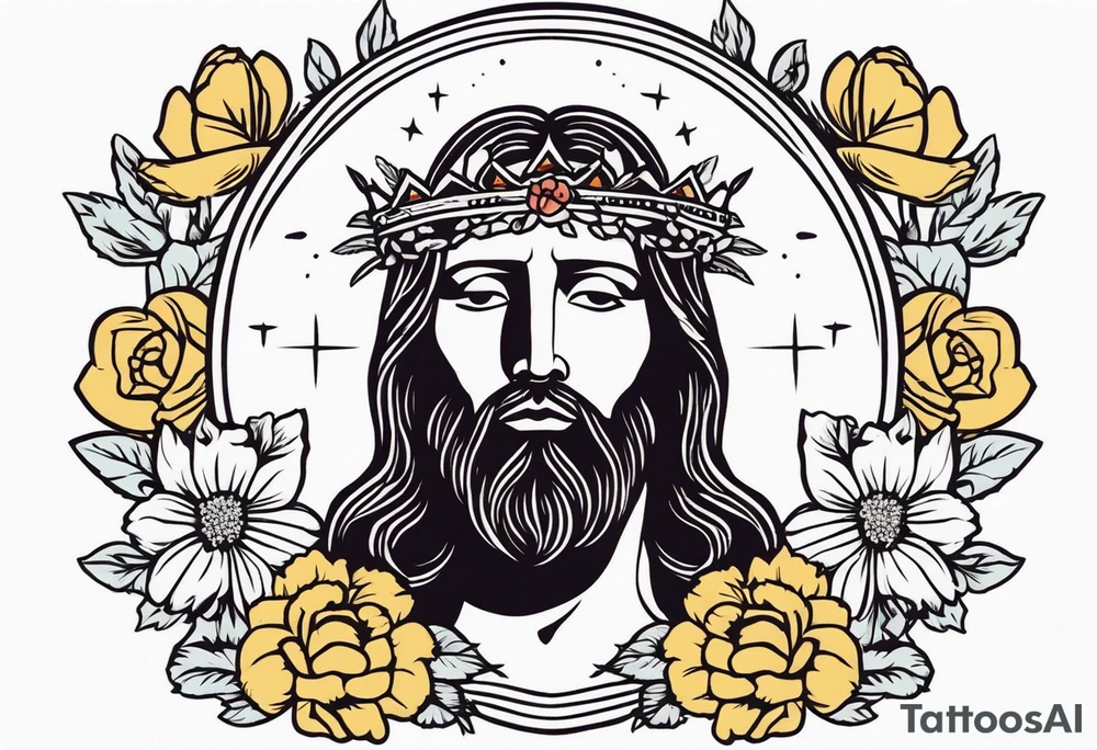 jesus with crown

old school vintage simple traditional design with vintage flowers surrounding
bold color simple tattoo idea