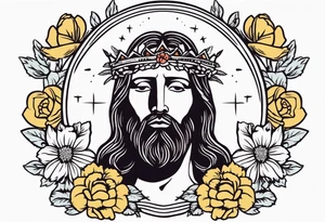 jesus with crown

old school vintage simple traditional design with vintage flowers surrounding
bold color simple tattoo idea