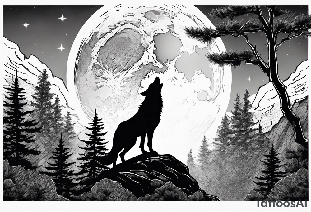 A wolf howling at the full moon on top of a rock surrounded by trees tattoo idea