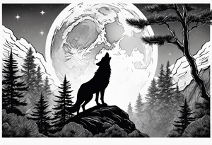 A wolf howling at the full moon on top of a rock surrounded by trees tattoo idea