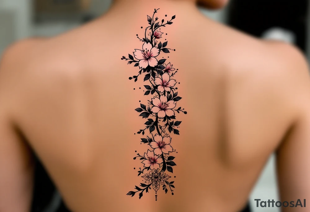 1.	Cherry Blossom Flow (Central Spine): A cascading cherry blossom flowing vertically along the spine to cover the central portion of the existing tattoo. Symmetrical patterns inspired by ornamental designs, with intricate curves and dotwork extending outward from the base of the spine. These elements should balance the floral motif and enhance the lower back area with a decorative, feminine flair.
	3.	Dotwork and Contouring: Delicate linework and dot patterns should be added around the floral design to give texture and seamlessly blend the tattoo with the surrounding skin. The ornamentation should curve naturally along the shape of the body, creating a cohesive, elegant look. tattoo idea