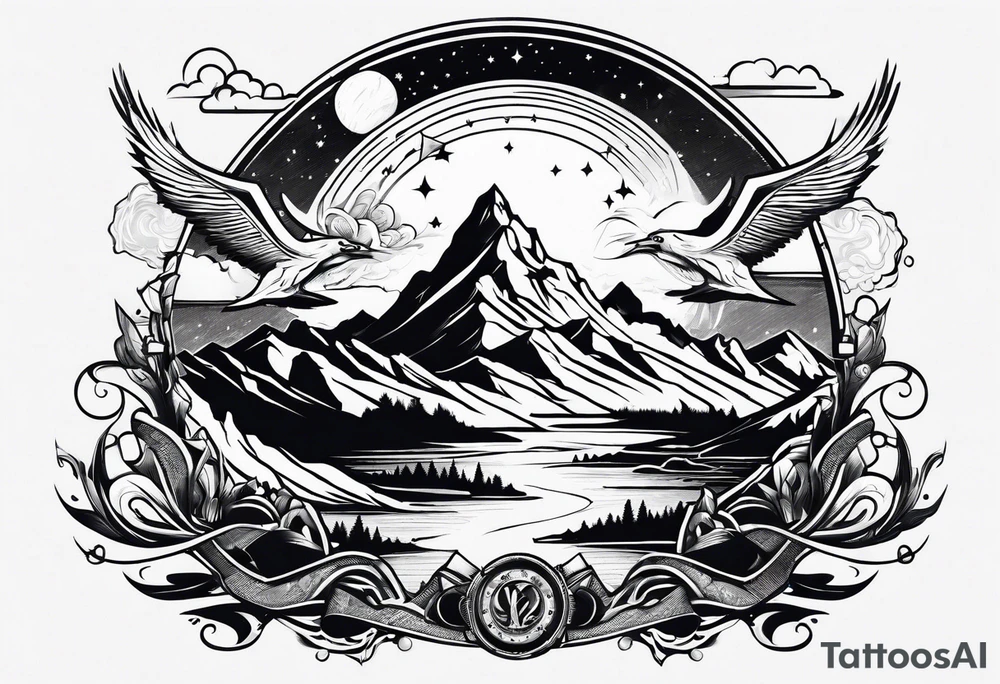 Space Viking flying over mountains tattoo idea