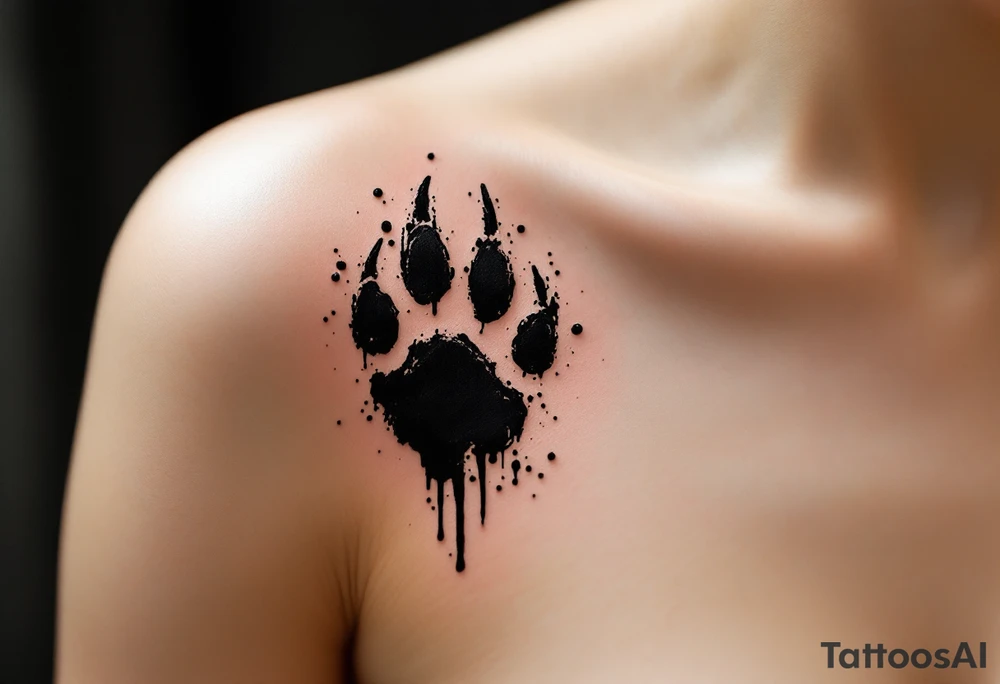 Inky Brushstroke Paw Prints – Artistic black ink splashes and rough brushstroke texture surrounding each paw, evoking movement and creative spirit. tattoo idea