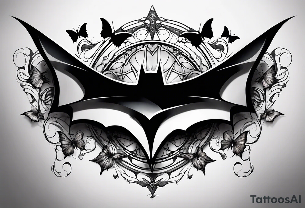 Small Batman symbol with 5 butterflies intertwined around it for a forearm tattoo tattoo idea