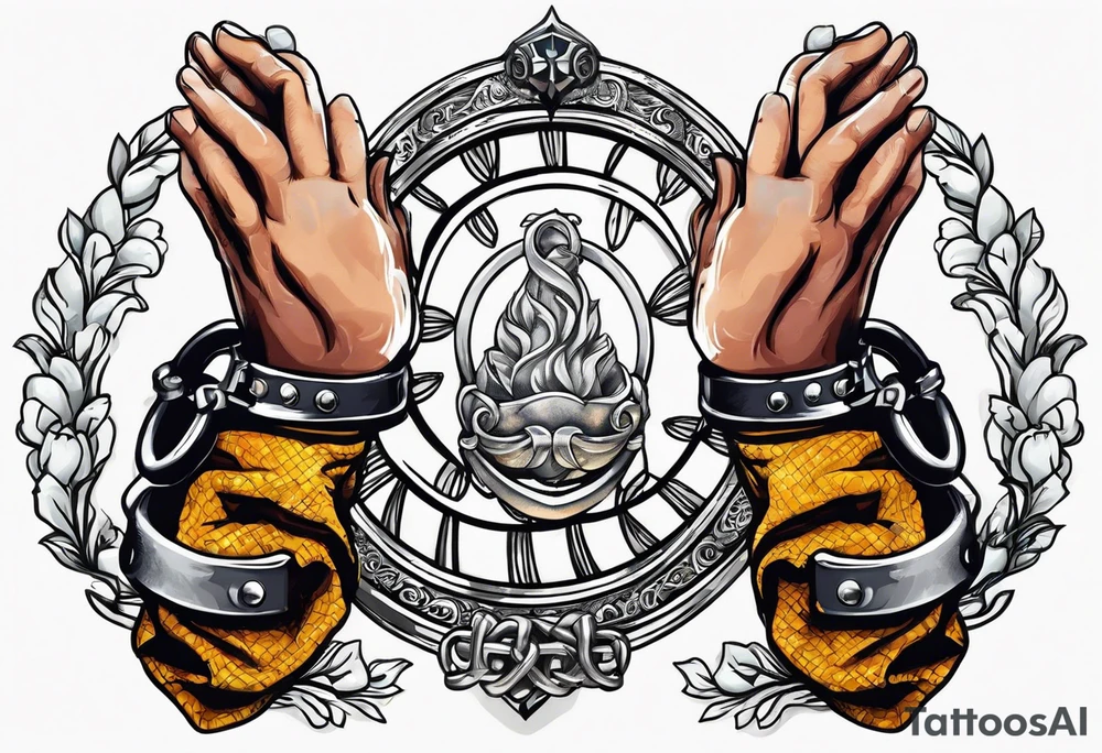 Praying hands with handcuffs tattoo idea