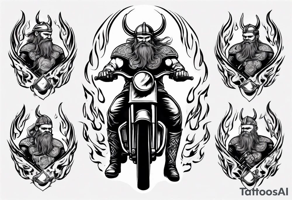 A viking riding a motorcycle with flames tattoo idea