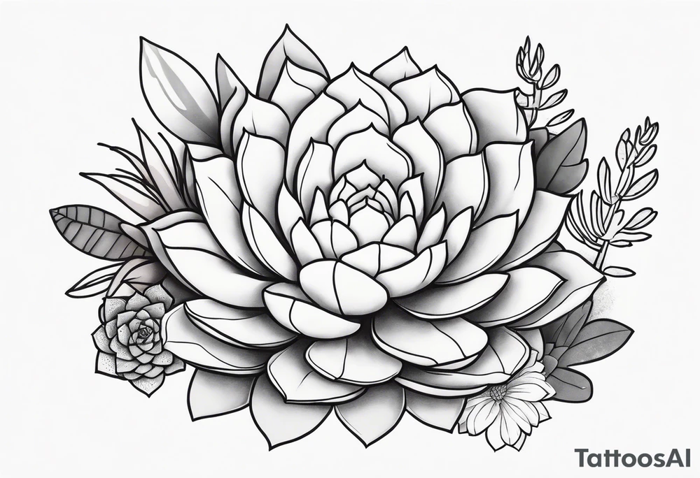 fine line. one big succulent in the middle. Two smaller succulents on the side. Dots and floral
. Sternum tattoo grey scale shading tattoo idea