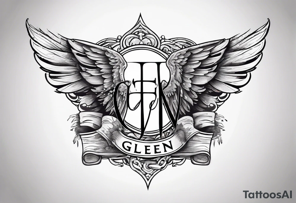 A simple tattoo with the word Glenn on a banner with angel Wings tattoo idea
