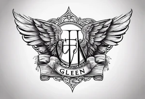 A simple tattoo with the word Glenn on a banner with angel Wings tattoo idea