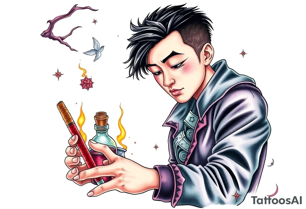 Handsome Asian young adult guy is  accidentally stumbled upon witch tools, supplies, artifacts, potions and exploring it curiously tattoo idea