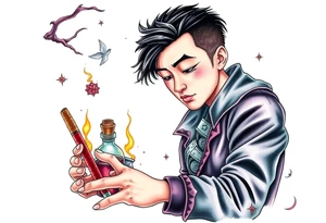 Handsome Asian young adult guy is  accidentally stumbled upon witch tools, supplies, artifacts, potions and exploring it curiously tattoo idea