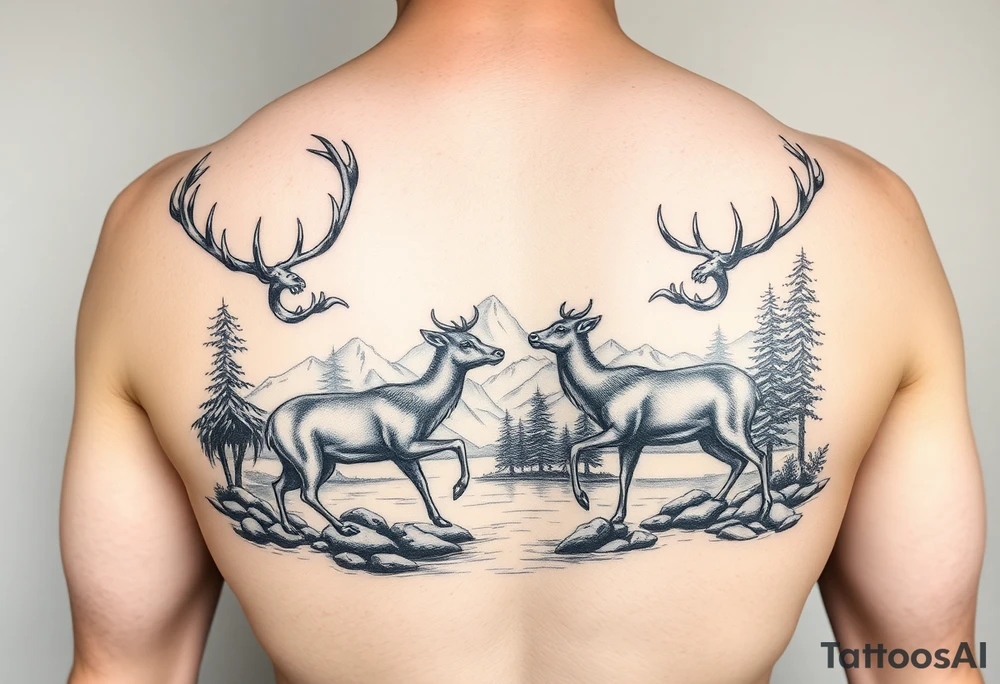 Quarter sleeve Black and grey realism Nature scene with two stags fighting in the foreground include mountains water and trees tattoo idea