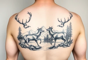 Quarter sleeve Black and grey realism Nature scene with two stags fighting in the foreground include mountains water and trees tattoo idea