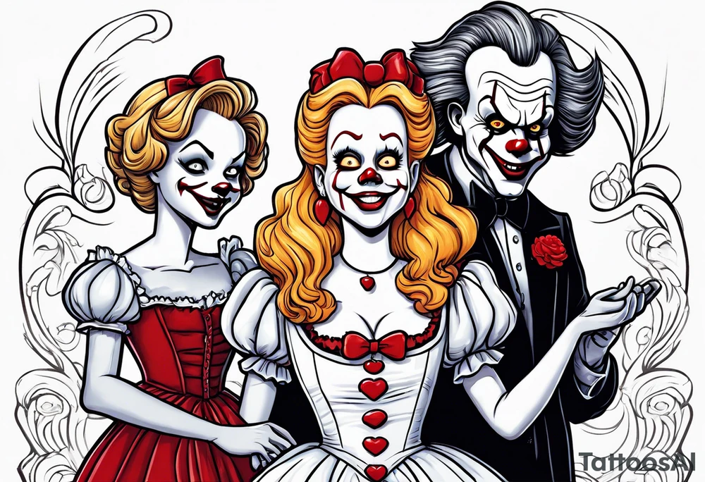 cartoony with Stephen king’s blond Carrie in a prom dress covered in blood looking happy standing next to Stephen king’s pennywise in a 70s prom suit looking happy standing together in a prom photo pose tattoo idea