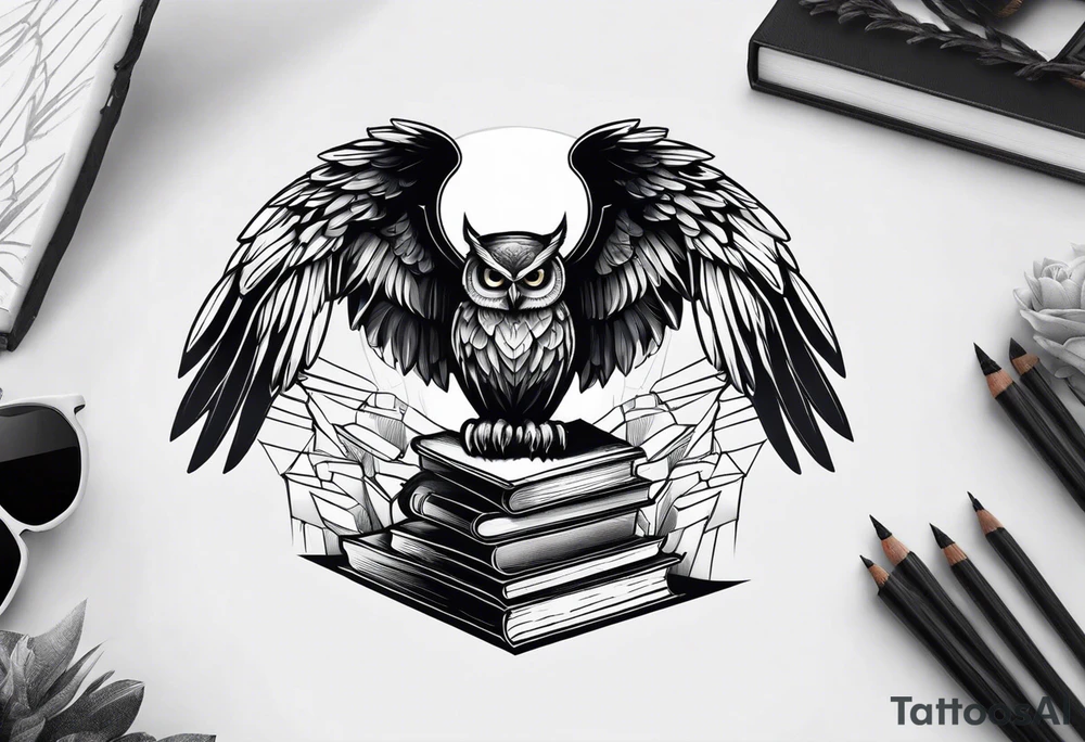 agressive owl on top of human skull, open wings, skull stands on books owl on the skull tattoo idea