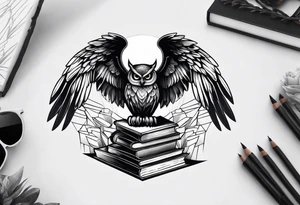 agressive owl on top of human skull, open wings, skull stands on books owl on the skull tattoo idea
