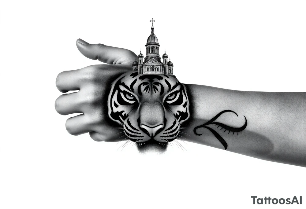 in a dorsal view of the hand and forearm a tiger face on the hand with black hollowed eyes, then above this a orthodox church shrouded with a mist and fading into a virgin mary overlooking tattoo idea