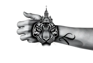 in a dorsal view of the hand and forearm a tiger face on the hand with black hollowed eyes, then above this a orthodox church shrouded with a mist and fading into a virgin mary overlooking tattoo idea