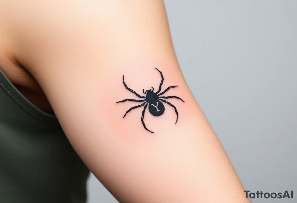 Black widow Spider crawling down sideways with the letter Y on the body of the spider tattoo idea