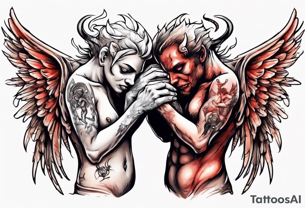 Angel and devil holding each other tattoo idea