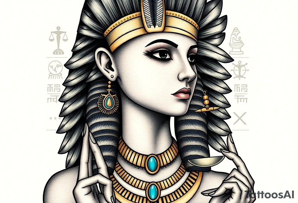 Super realistic tattoo design of the Egyptian goddess Ma’at, depicted as a serene and regal woman with an elegant ostrich feather on her head symbolizing truth and balance, wearing traditional ancient Egyptian attire with intricate gold and turquoise jewelry, holding scales of justice in one hand. The design features detailed facial features with soft natural lighting, realistic skin texture, and subtle shading to emphasize depth and dimension. Background elements include faint hieroglyphics and cosmic symbols representing order and harmony. Style: hyper-realistic, high detail, focused on symbolism and spiritual essence, suitable for upper arm or chest tattoo. tattoo idea