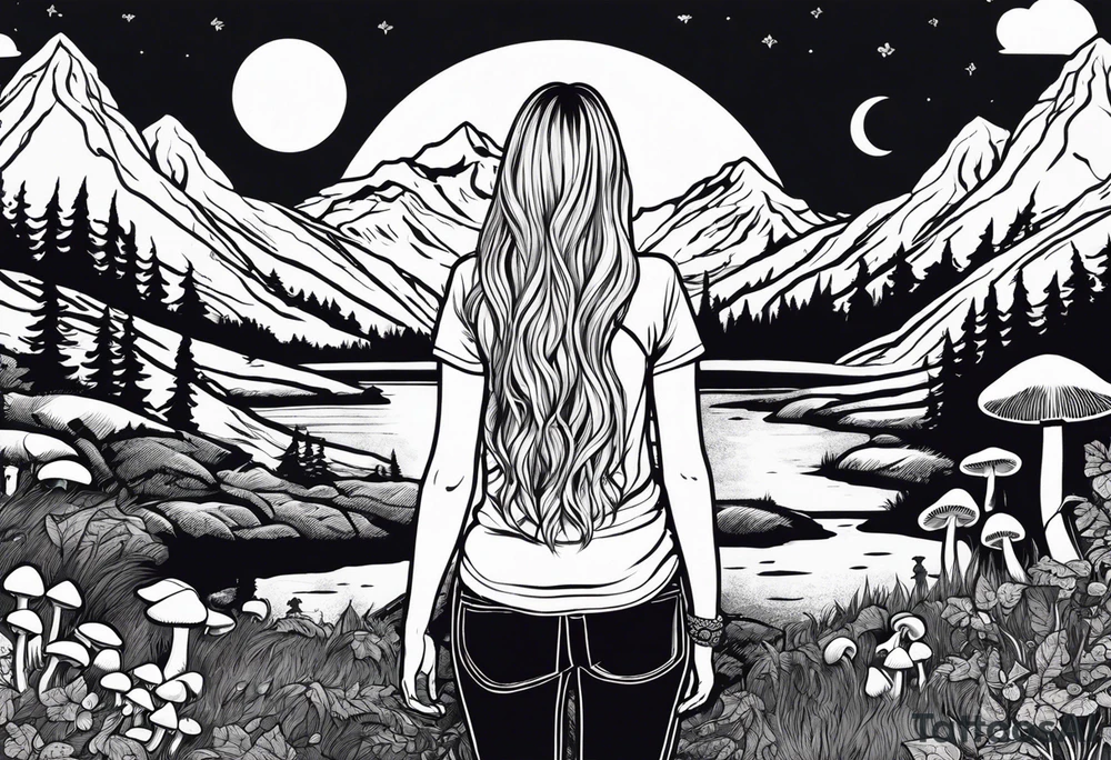 Whole picture encircled fully

Straight long blonde hair hippie girl in distance holding mushrooms in hand facing away toward mountains and creek surrounded by mushrooms tee shirt and hiking pants; whole rendering within a full circle, no cut off circle tattoo idea