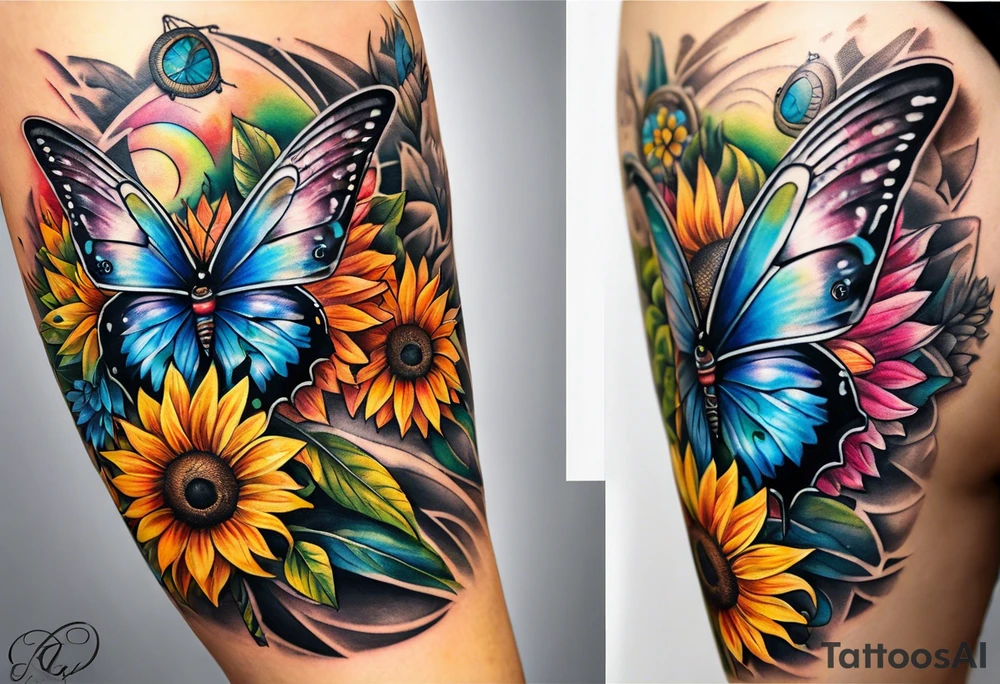 Quarter Leg sleeve with dreamcatcher, rainbow sunflowers and one butterfly tattoo idea