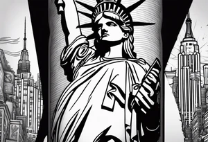 Upper right arm sleeve Statue of Liberty with street sign with shoes hanging off of it buildings in the background and the New York Yankees logo tattoo idea