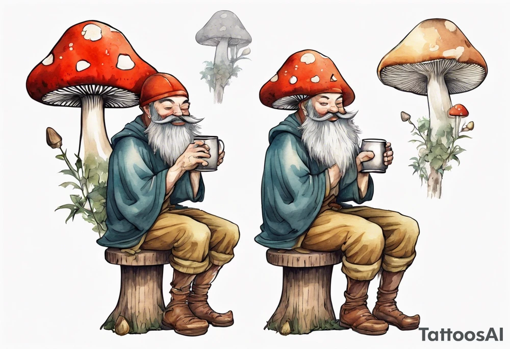 a medieval mushroom with a beard sitting on a stool drinking from a wood mug, laughing tattoo idea