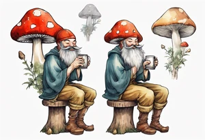 a medieval mushroom with a beard sitting on a stool drinking from a wood mug, laughing tattoo idea