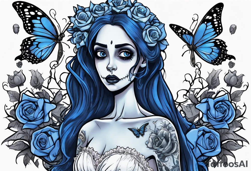 corpse bride Emily wearing a wedding dress. the vail on her head. she is holding a bouquet of blue roses in the middle of the bouquet  there is one white daisy. there is one blue butterfly flying around her. A full moon on the background. tattoo idea