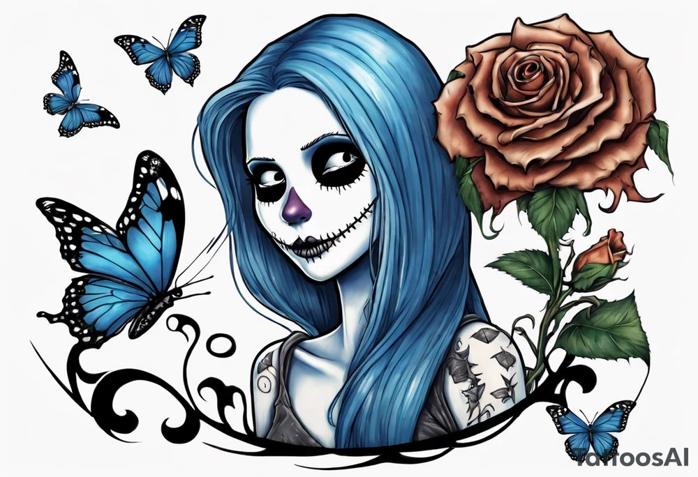 Nightmare before Christmas Sallyholding a flower. With a blue butterfly flying around her tattoo idea
