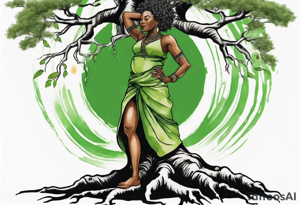 a tree trunk with roots that is a black woman from the waist up, feet made of tree roots, arms reaching up to the sun, wearing a green tunic tattoo idea