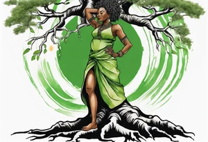 a tree trunk with roots that is a black woman from the waist up, feet made of tree roots, arms reaching up to the sun, wearing a green tunic tattoo idea