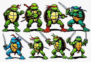 all four teenage mutant ninja turtles fighting enemies in a cityscape tattoo idea