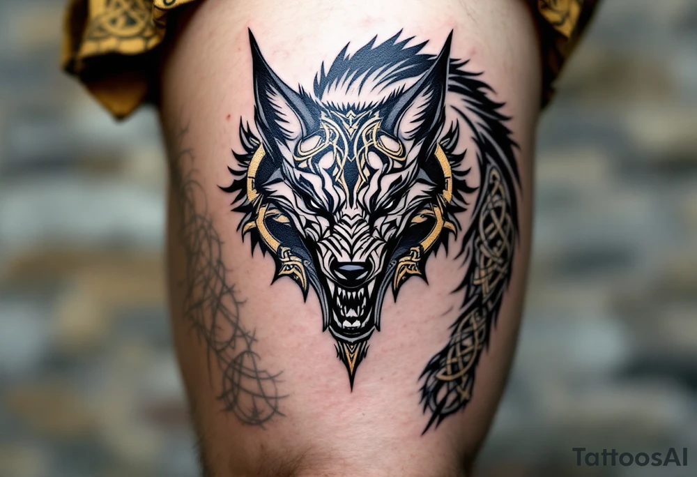 Celtic Wolf in Battle Stance – A snarling wolf with deep gray fur and bronze knot armor details entwined around its limbs and shoulders. tattoo idea